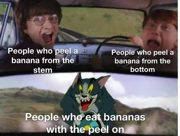 I peel them from the stem, how do you do it? – meme