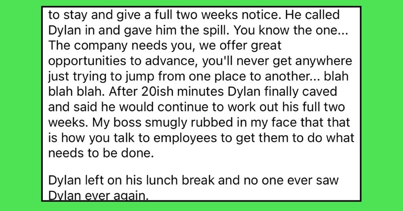 Boss Chews Out Employee For Quitting With Little Notice, Employee Leaves During Lunch Break After Agreeing to Work Two More Weeks