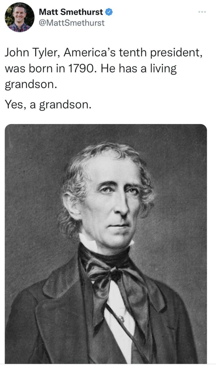 The grandson of the 10th U.S. president (born 1790) is still alive in 2023