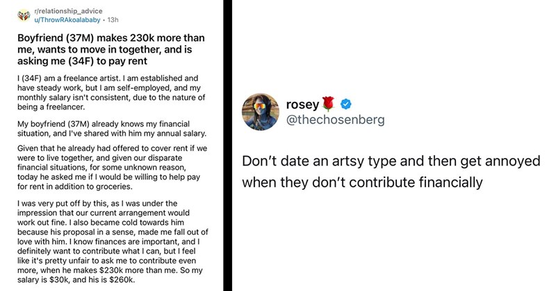 ‘Boyfriend makes 230k more than me’: Freelance artist is hurt by boyfriend asking her to contribute rent