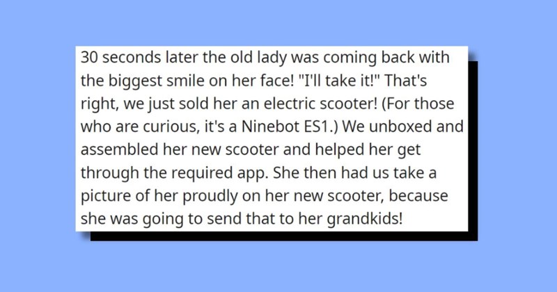 ‘She had the biggest smile on her face’: Retail worker shares wholesome story in which he sold a sweet and excited old lady an electric scooter