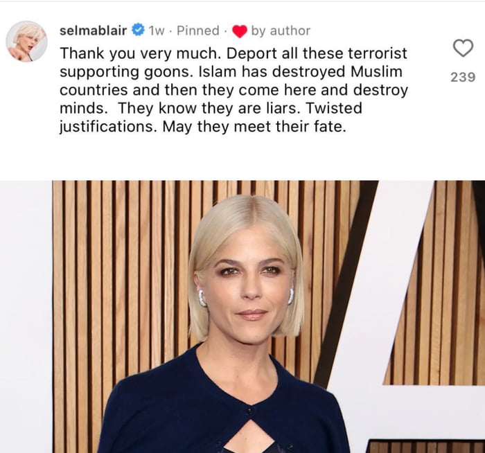 Hollywood actress Selma Blair has been cancelled and deleted her social media accounts for posting this comment.