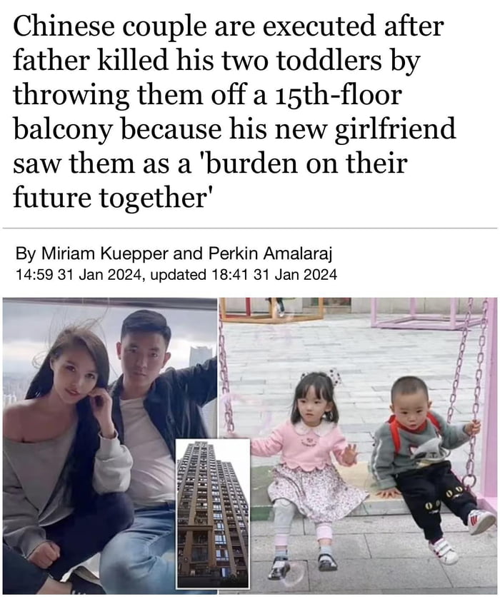 Chinese man murders his 2yo daughter and 1yo son after constant pressure from his girlfriend to u201cget rid of themu201d because they u201cshouldnu2019t exist anywayu201d