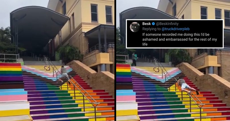 ‘Imagine being pressed by Pride’: Bigoted man gets roasted for refusing to walk on ‘woke’ pride flag stairs