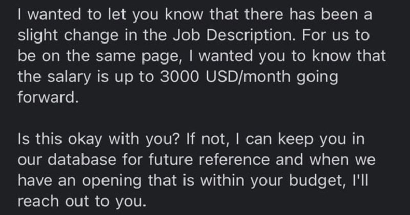 Duplicitous recruiter changes salary from $4-5K to $3K per month before final interview round: ‘This is [for] a Senior Engineer position’