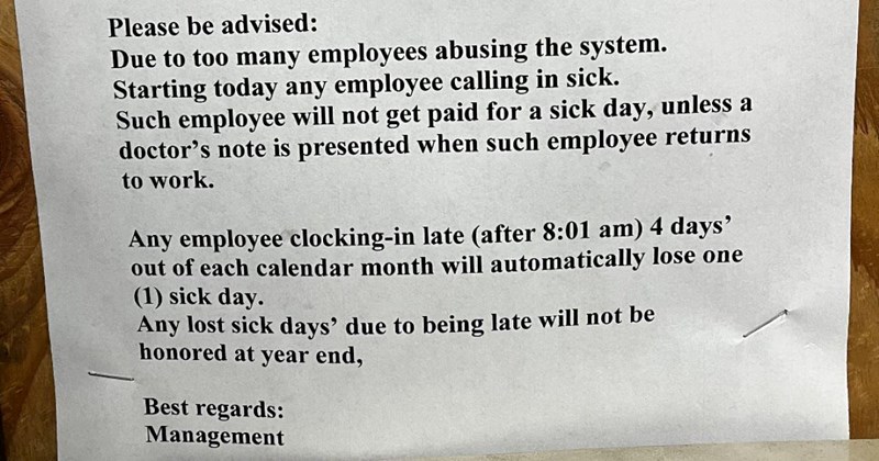 Management takes away employee’s sick day if they’re 1 minute late for 4 shifts; ‘Is this legal?’