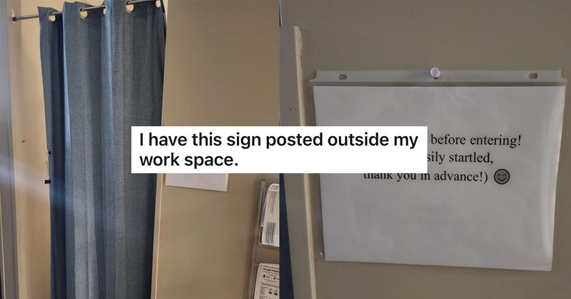 ‘I don’t mean to scream’: Nightmare office environment causes employee to put up hilarious sign outside their curtained workspace