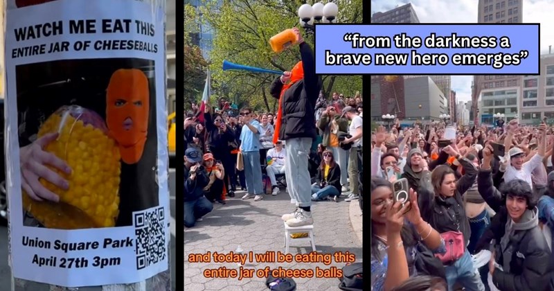 ‘Only in New York’: Enchanted mob gathers to watch a masked stranger eat an entire bucket of cheeseballs