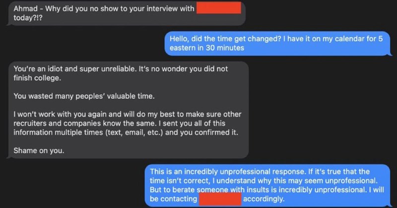 ‘You’re an idiot…It’s no wonder you did not finish college’: Recruiter berates interviewee for not showing up to interview he scheduled incorrectly