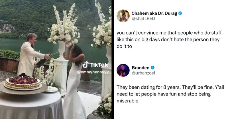 Fratty groom sprays bride with champagne at their wedding, gets scolded by humorless killjoys: ‘I don’t care if he just married her, he doesn’t like her’