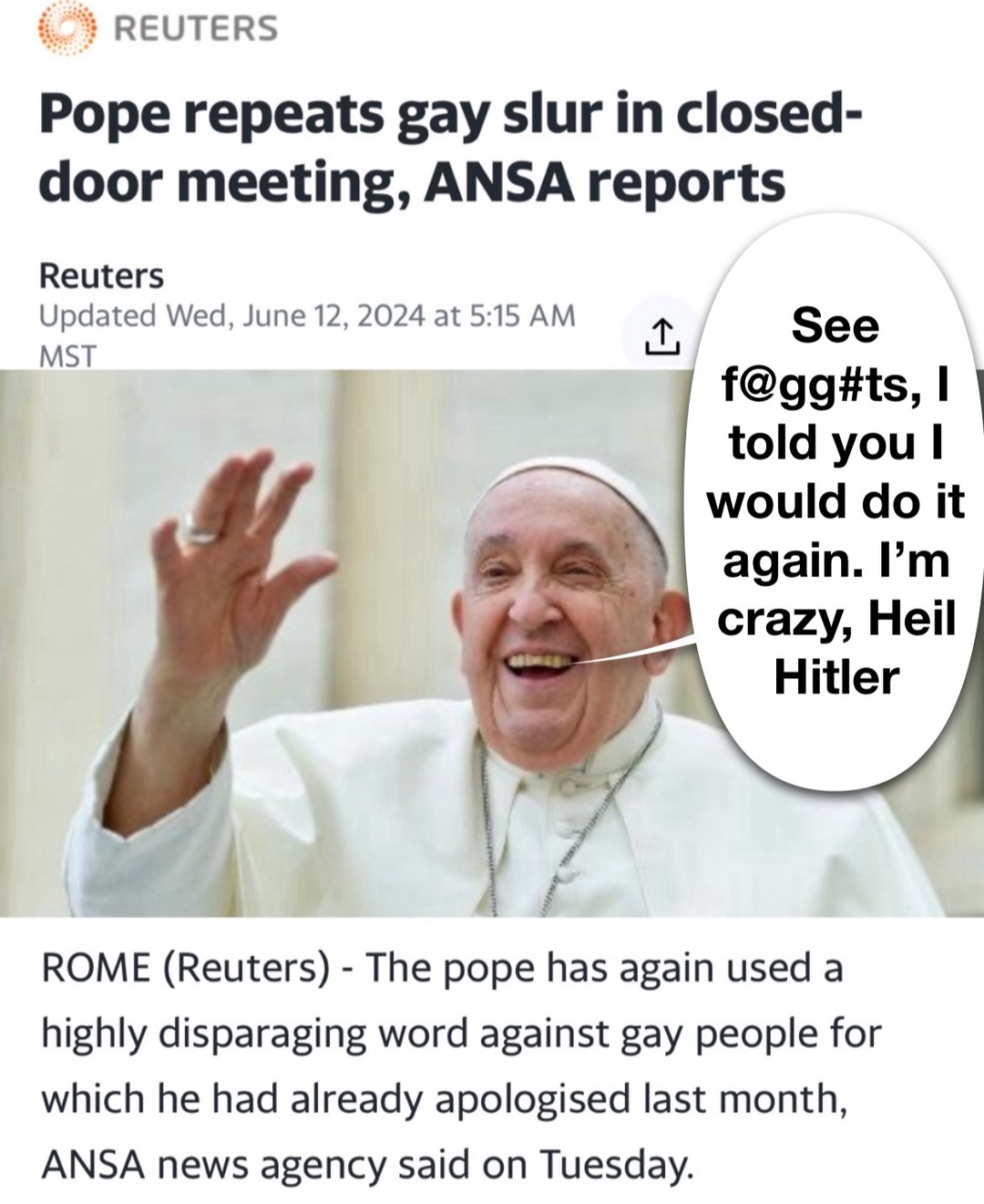 Pope doubles down on no poop d*ck – meme