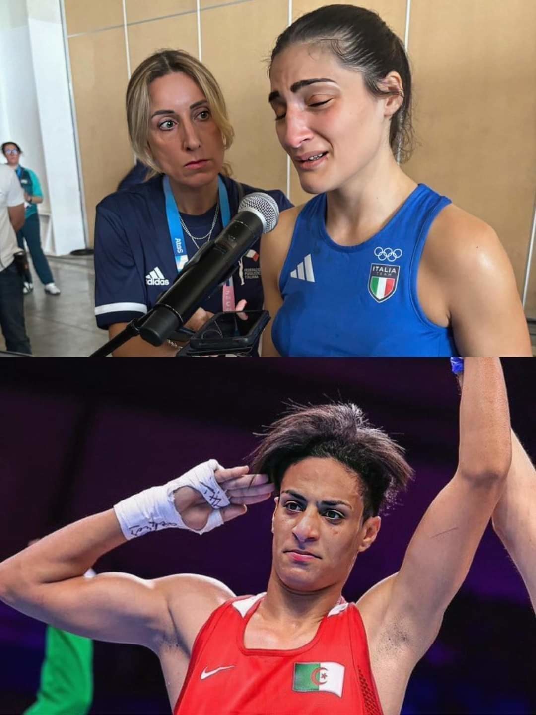 The Italian boxer, Angela Carini, who was boxing with Imane Khelif, who was born as a man, abandoned her boxing match with Imane after 45 seconds after receiving a tremendous blow and as a result she broke her nose. – meme