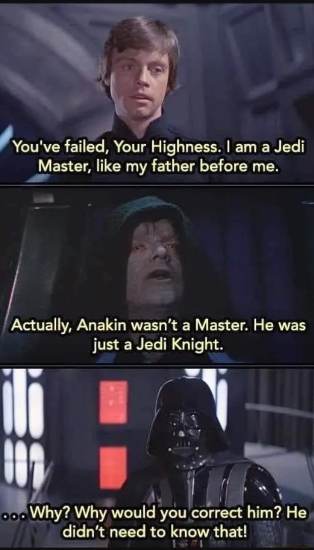 He killed the youngling because they called him master skywalker – meme