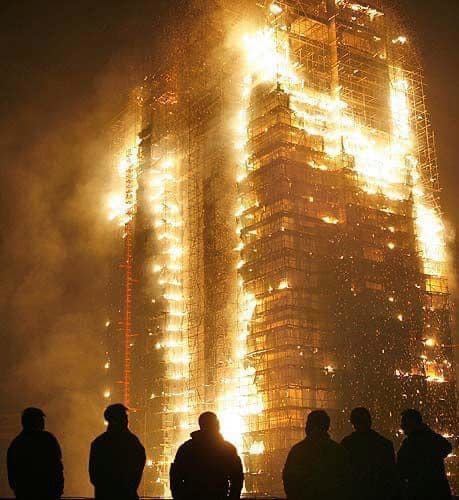 Windsor Tower in Madrid, Spain burned for 20+ hours and never collapsed.  No steel frame structure has ever collapsed due to fire, before or after 9/11. On 9/11, 3 collapsed, due to "structural failure from fires" – meme