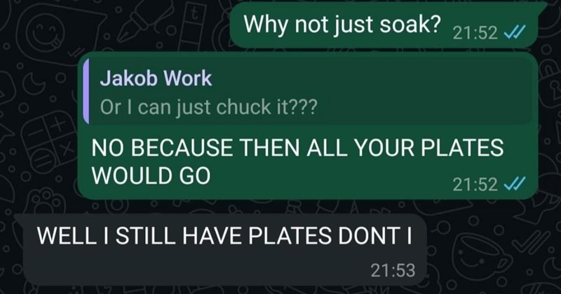 ‘What is wrong with you?’: Hilarious text exchange between friends goes viral after one friend admits he never washes his dishes, he just throws them away instead